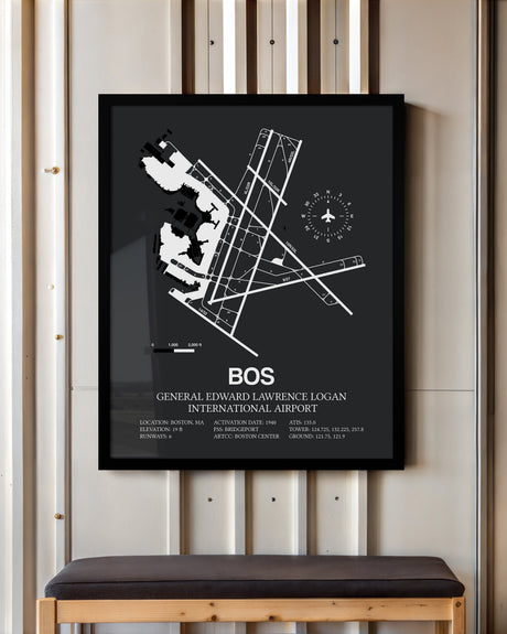 Framed Detailed Airport Map of Logan International Airport (BOS) in Gray with a Black Frame