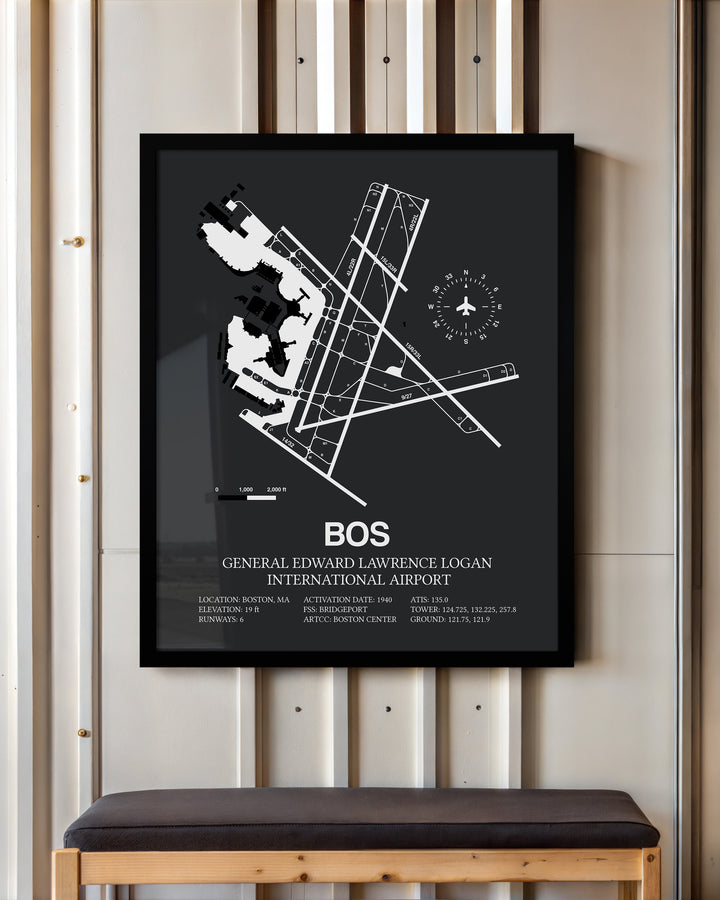 Framed Detailed Airport Map of Logan International Airport (BOS) in Gray with a Black Frame