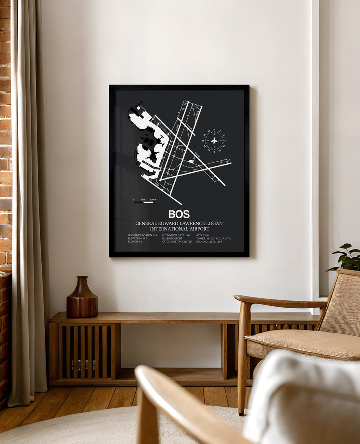 Framed Detailed Airport Map of Logan International Airport (BOS) in Gray with a Black Frame