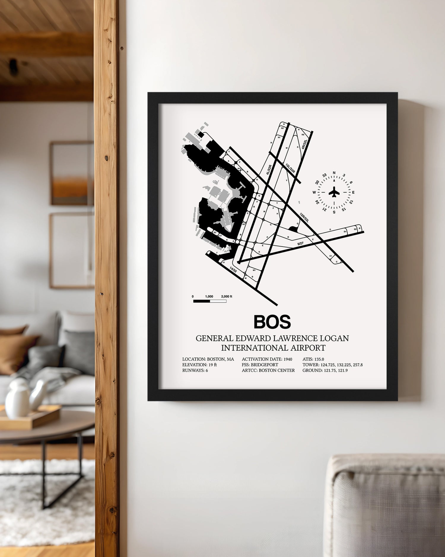 Framed Detailed Airport Map of Logan International Airport (BOS) in White with a Black Frame