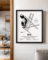 Framed Detailed Airport Map of Logan International Airport (BOS) in White with a Black Frame