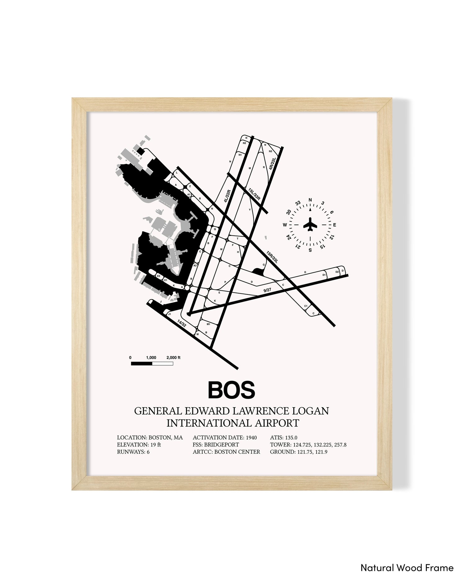 Detailed Airport Map of Logan International Airport (BOS) in White with a Natural Frame