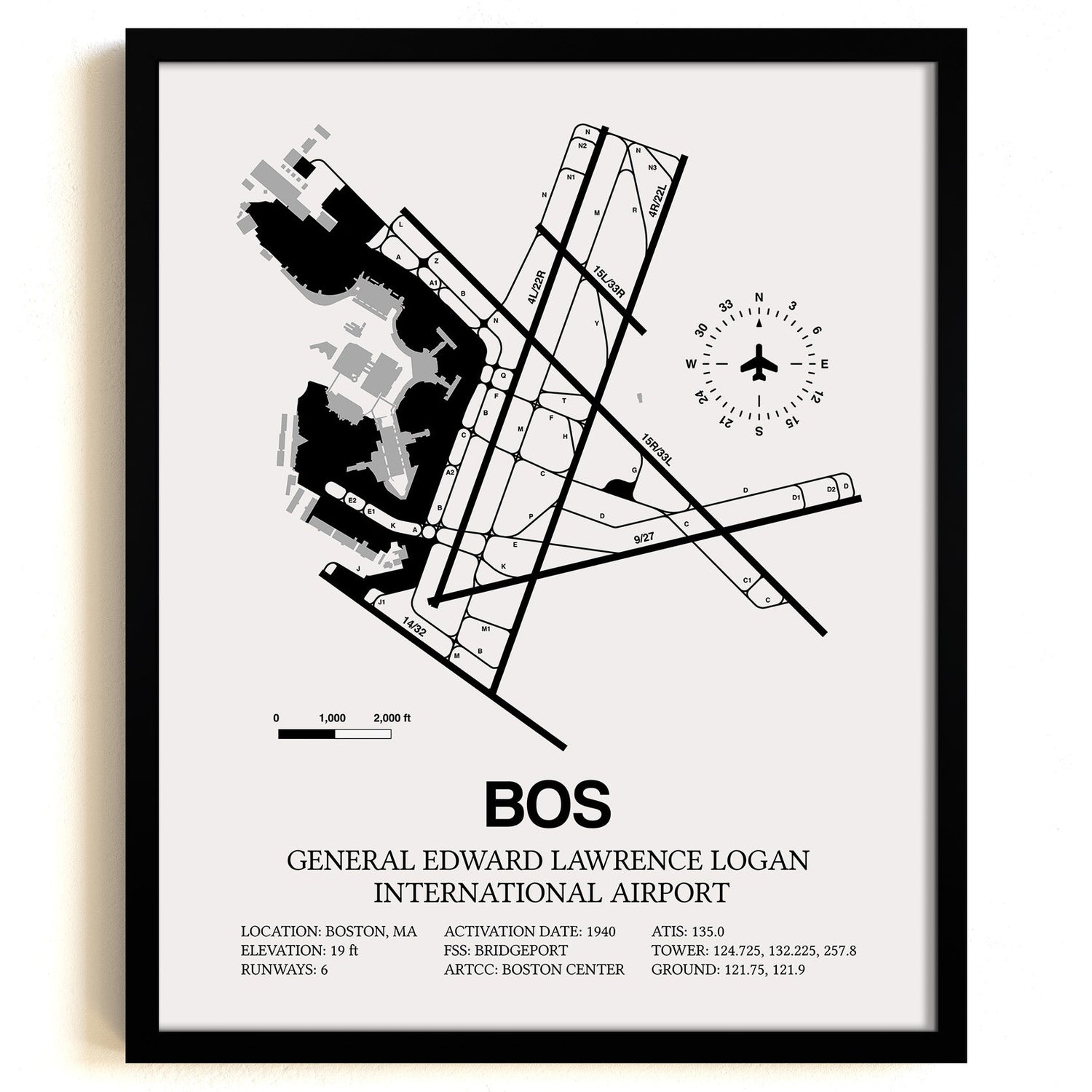 Framed Detailed Airport Map of Logan International Airport (BOS) in White with a Black Frame