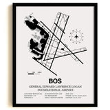 Framed Detailed Airport Map of Logan International Airport (BOS) in White with a Black Frame