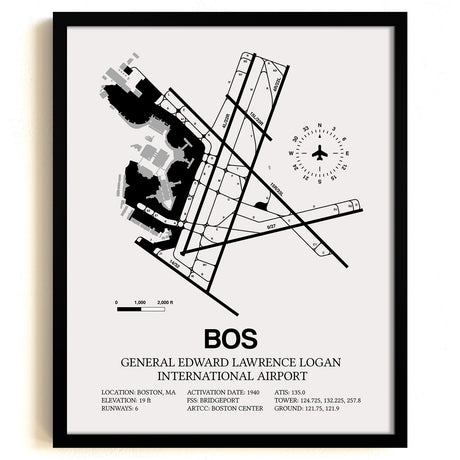 Framed Detailed Airport Map of Logan International Airport (BOS) in White with a Black Frame