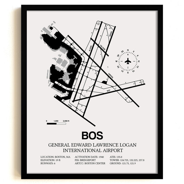 Framed Detailed Airport Map of Logan International Airport (BOS) in White with a Black Frame