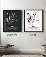 Framed Detailed Airport Map of Logan International Airport (BOS) in White and Gray