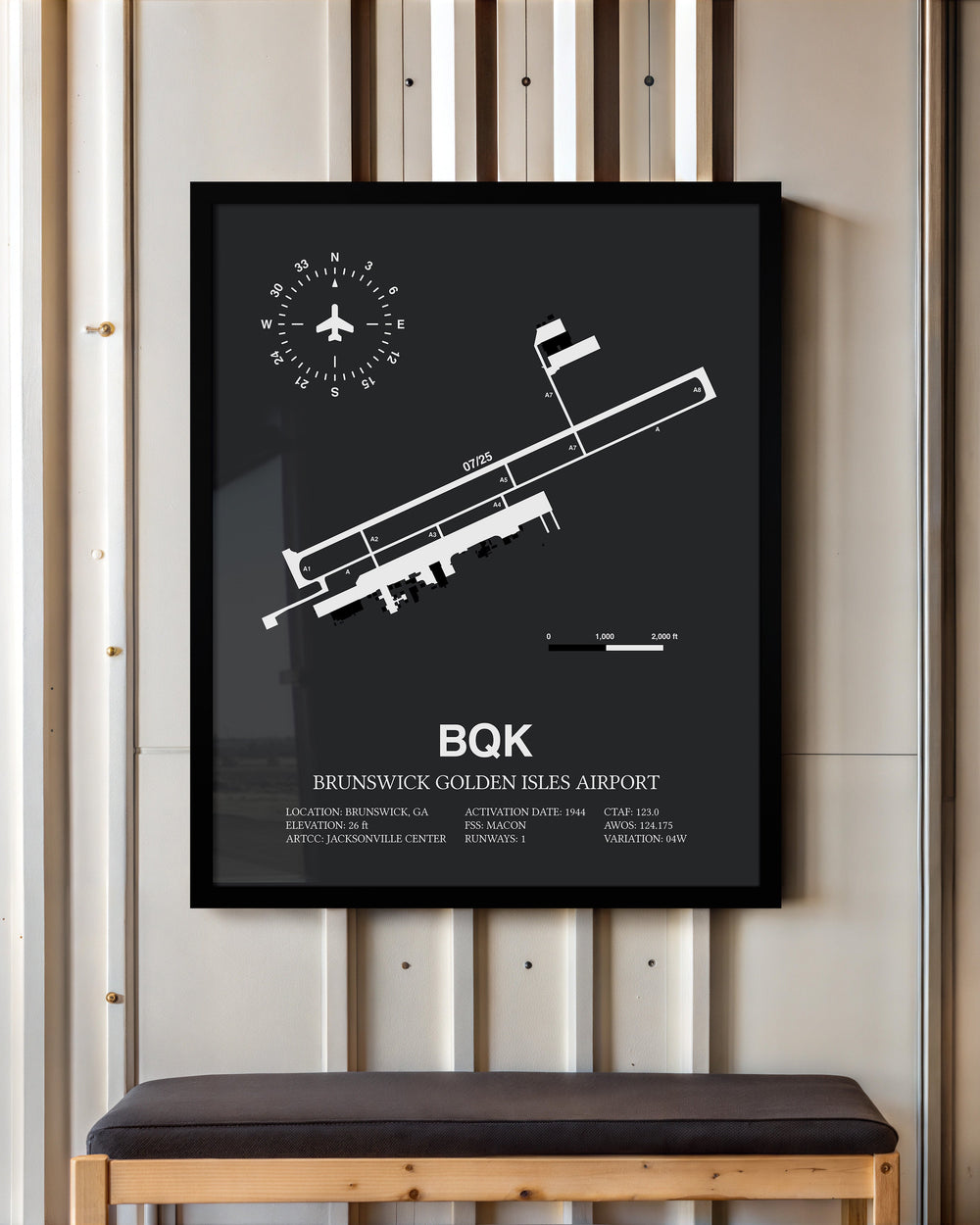 Framed Detailed Airport Map of Brunswick Golden Isles Airport (BQK) in Gray with a Black Frame