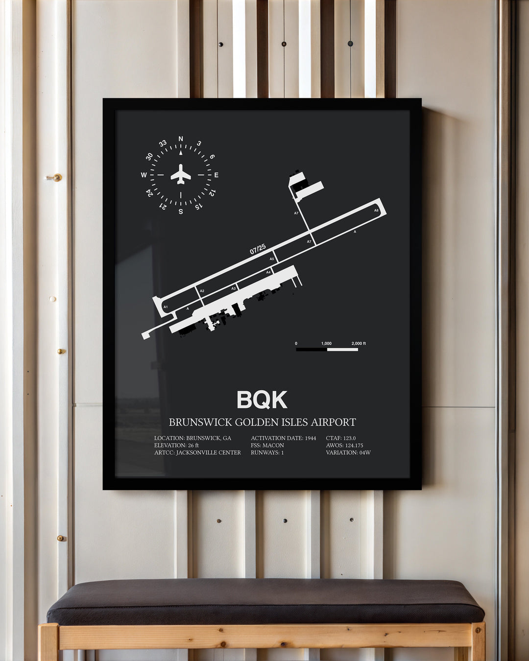 Framed Detailed Airport Map of Brunswick Golden Isles Airport (BQK) in Gray with a Black Frame