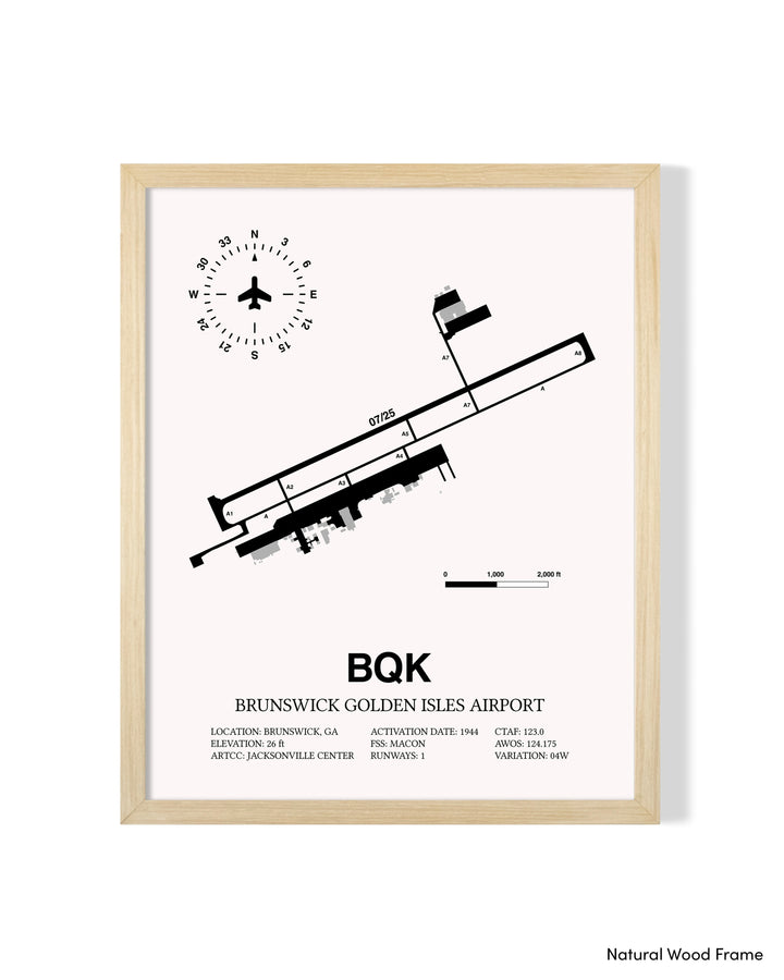 Detailed Airport Map of Brunswick Golden Isles Airport (BQK) in White with a Natural Frame