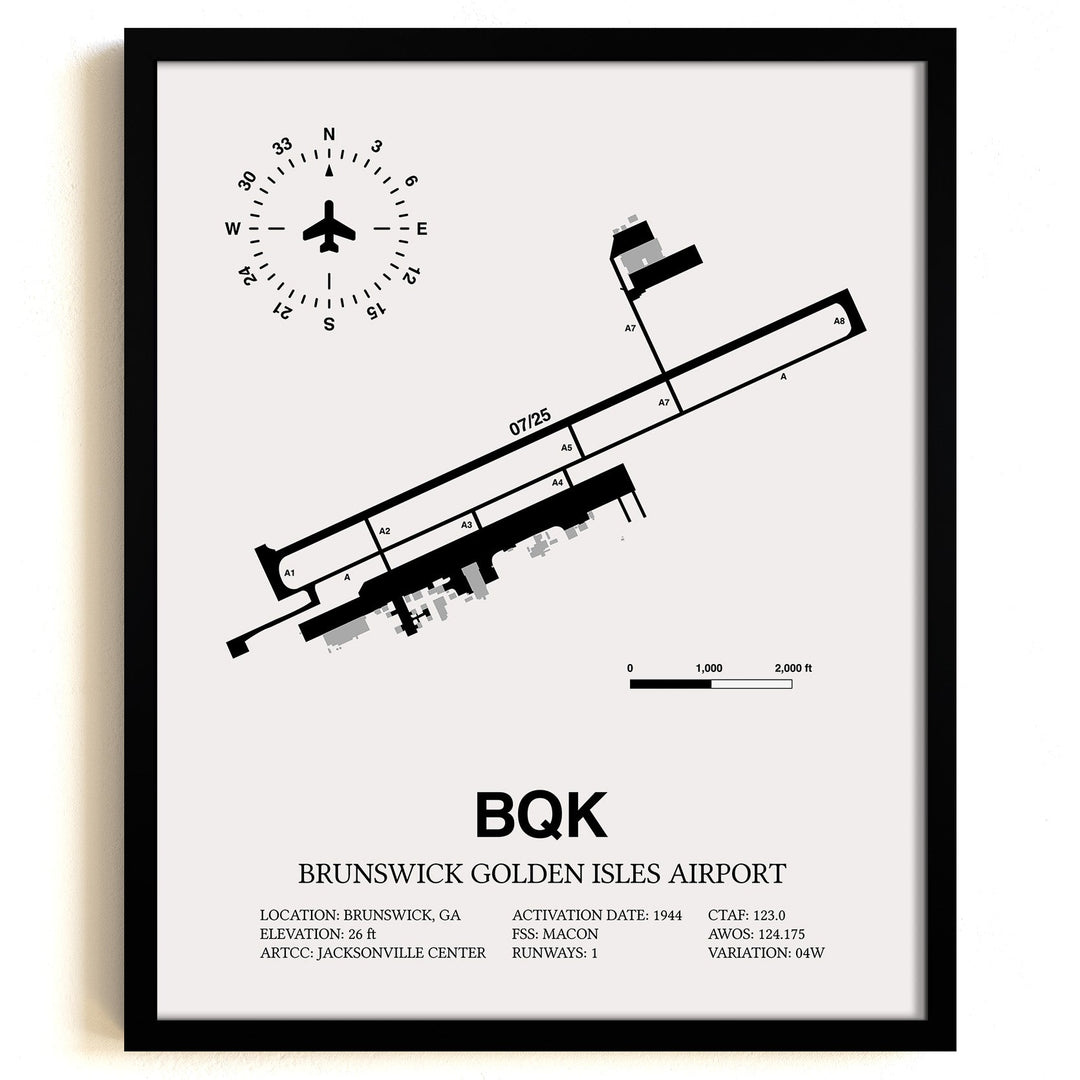 Framed Detailed Airport Map of Brunswick Golden Isles Airport (BQK) in White with a Black Frame