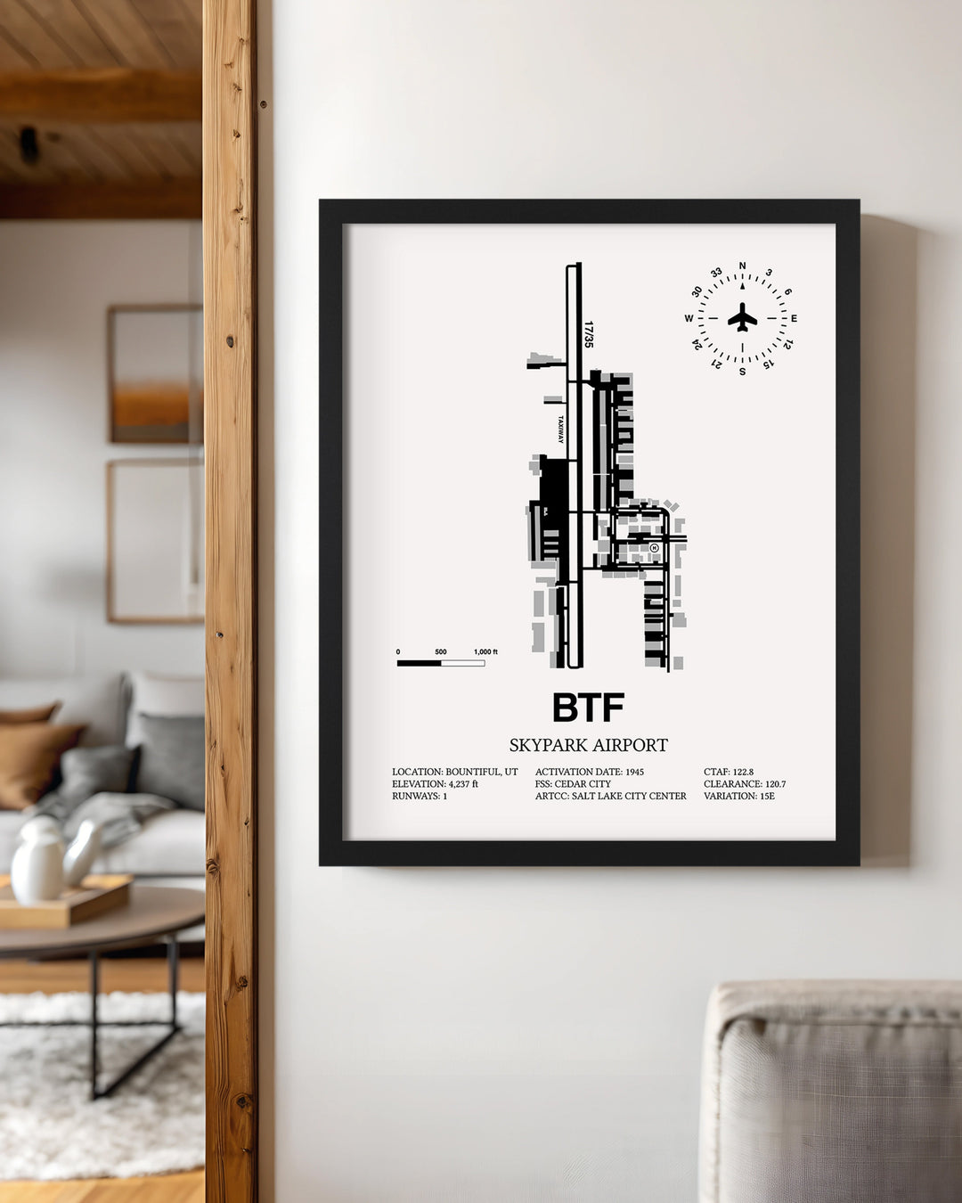 Framed Detailed Airport Map of Skypark Airport (BTF) in White with a Black Frame