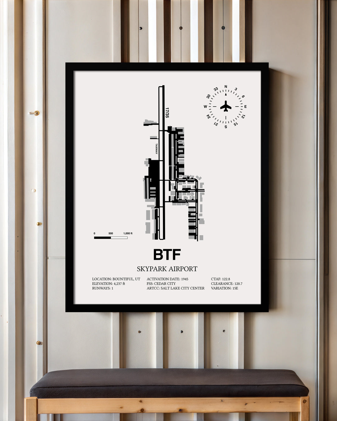 Framed Detailed Airport Map of Skypark Airport (BTF) in White with a Black Frame