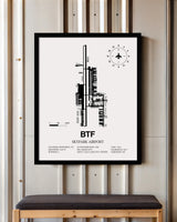 Framed Detailed Airport Map of Skypark Airport (BTF) in White with a Black Frame