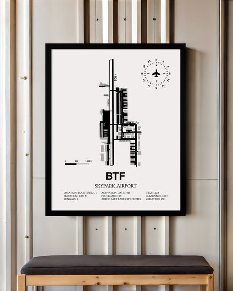 Framed Detailed Airport Map of Skypark Airport (BTF) in White with a Black Frame
