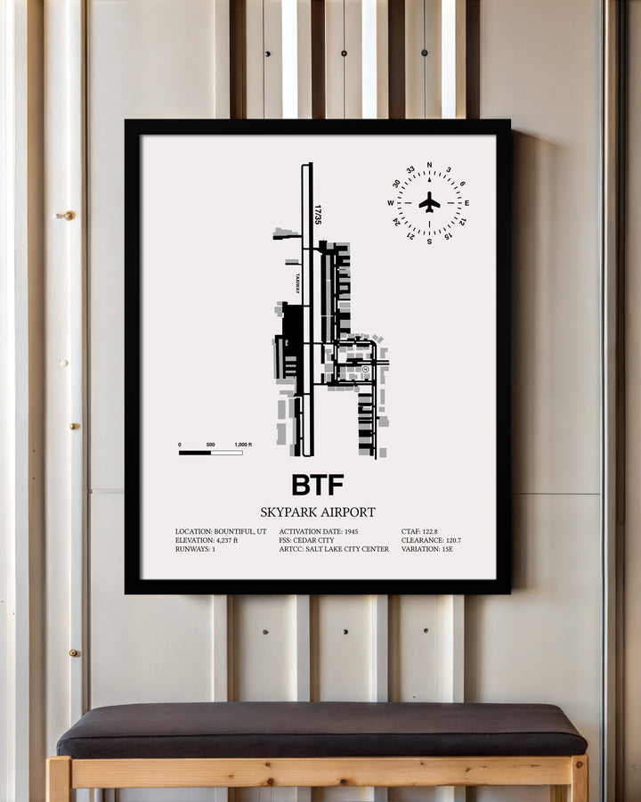 Framed Detailed Airport Map of Skypark Airport (BTF) in White with a Black Frame