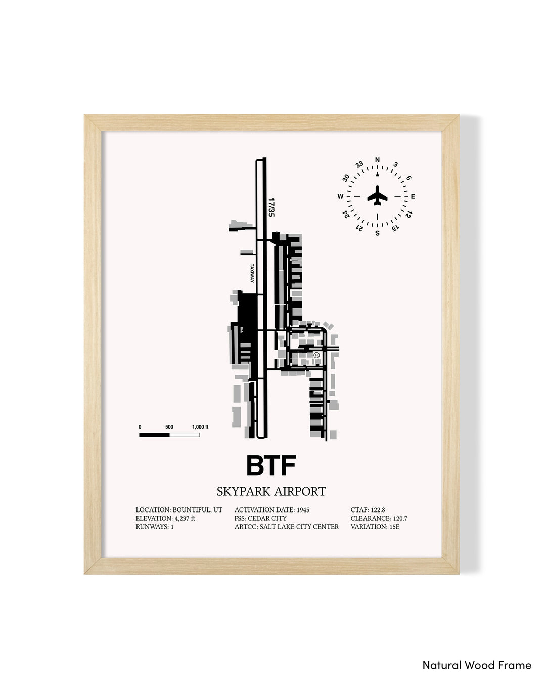Detailed Airport Map of Skypark Airport (BTF) in White with a Natural Frame
