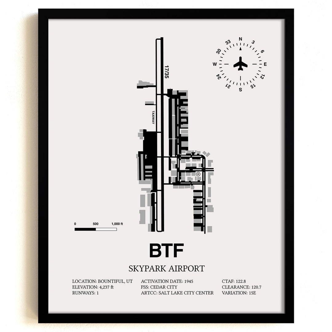 Framed Detailed Airport Map of Skypark Airport (BTF) in White with a Black Frame
