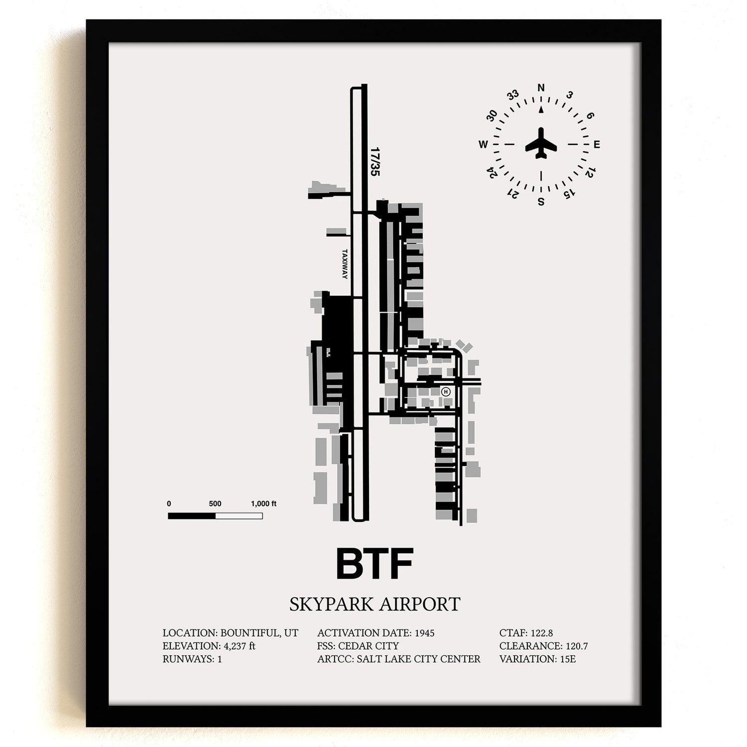 Framed Detailed Airport Map of Skypark Airport (BTF) in White with a Black Frame