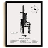 Framed Detailed Airport Map of Skypark Airport (BTF) in White with a Black Frame
