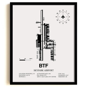 Framed Detailed Airport Map of Skypark Airport (BTF) in White with a Black Frame
