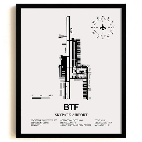 Framed Detailed Airport Map of Skypark Airport (BTF) in White with a Black Frame