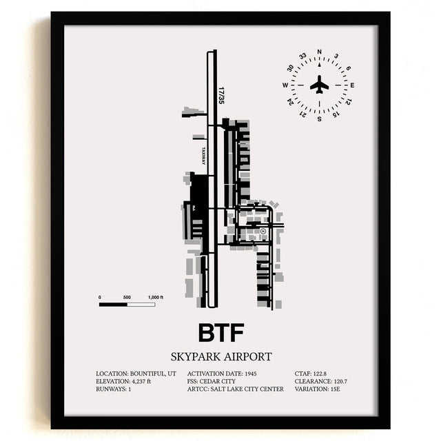 Framed Detailed Airport Map of Skypark Airport (BTF) in White with a Black Frame