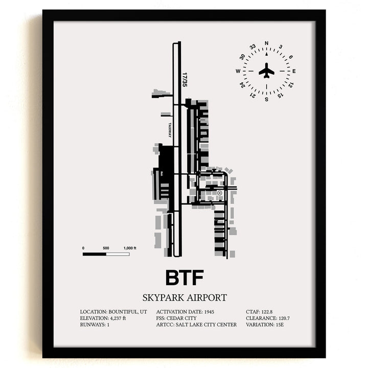 Framed Detailed Airport Map of Skypark Airport (BTF) in White with a Black Frame