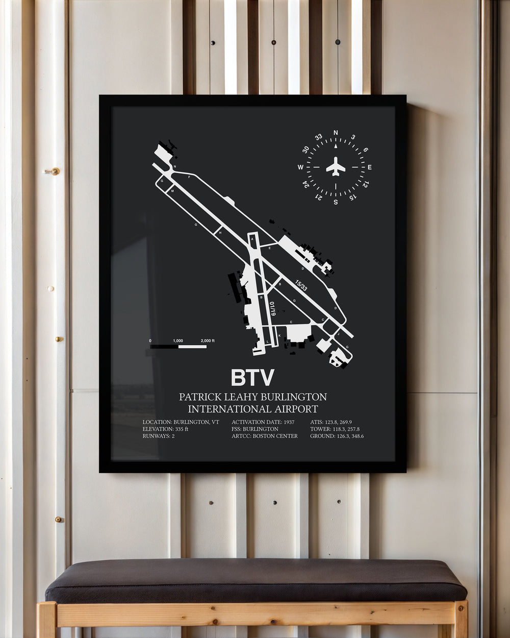 Framed Detailed Airport Map of Patrick Leahy Burlington International Airport (BTV) in Gray with a Black Frame