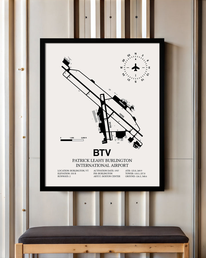 Framed Detailed Airport Map of Patrick Leahy Burlington International Airport (BTV) in White with a Black Frame