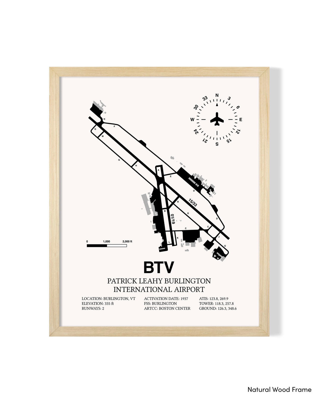 Detailed Airport Map of Patrick Leahy Burlington International Airport (BTV) in White with a Natural Frame