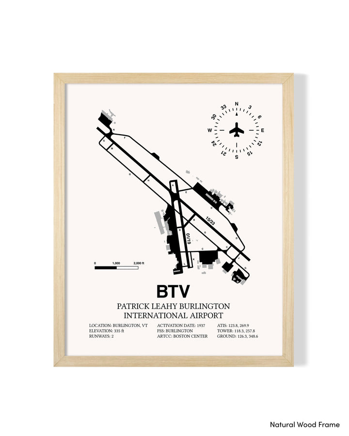 Detailed Airport Map of Patrick Leahy Burlington International Airport (BTV) in White with a Natural Frame