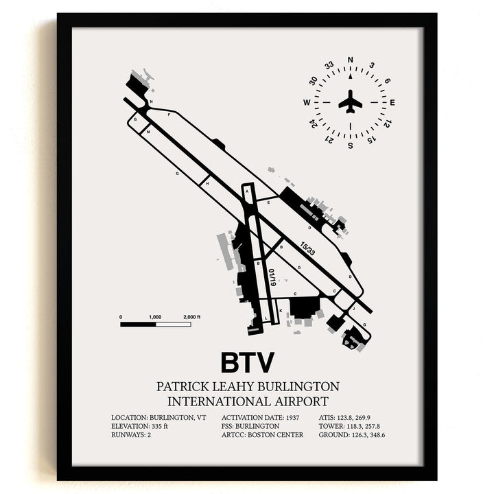 Framed Detailed Airport Map of Patrick Leahy Burlington International Airport (BTV) in White with a Black Frame