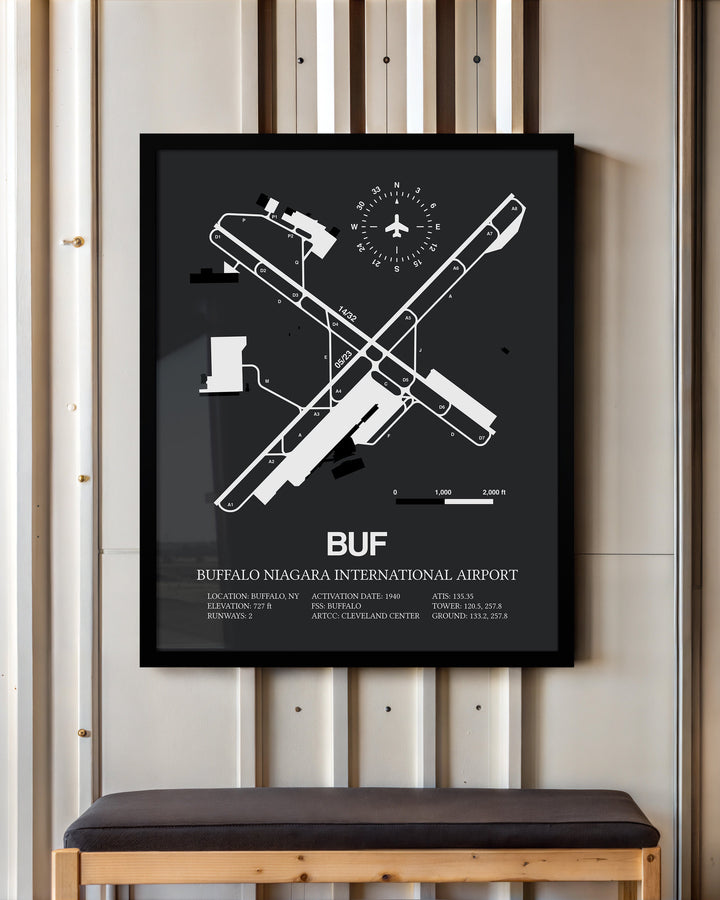 Framed Detailed Airport Map of Buffalo Niagara International Airport (BUF) in Gray with a Black Frame