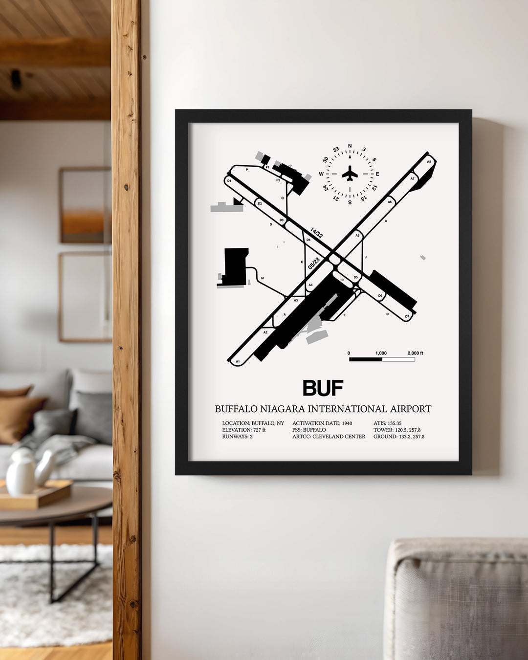Framed Detailed Airport Map of Buffalo Niagara International Airport (BUF) in White with a Black Frame