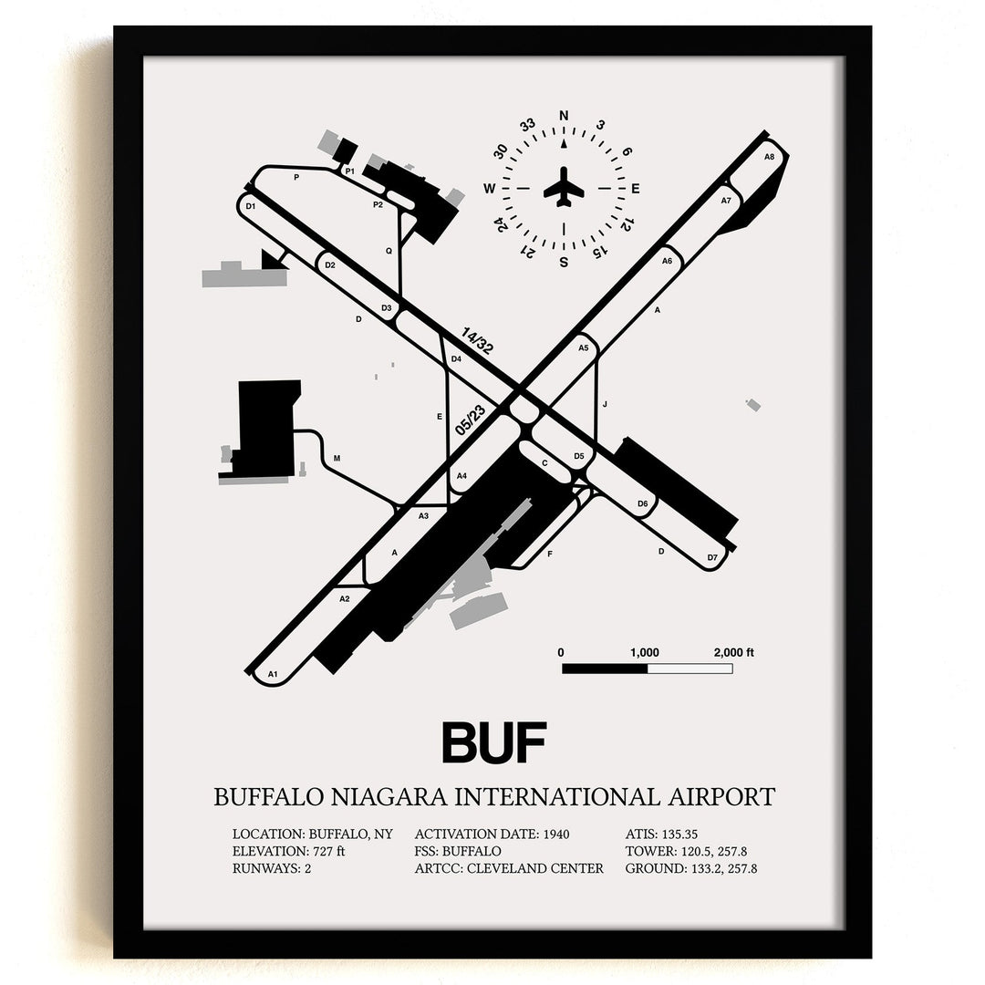 Framed Detailed Airport Map of Buffalo Niagara International Airport (BUF) in White with a Black Frame