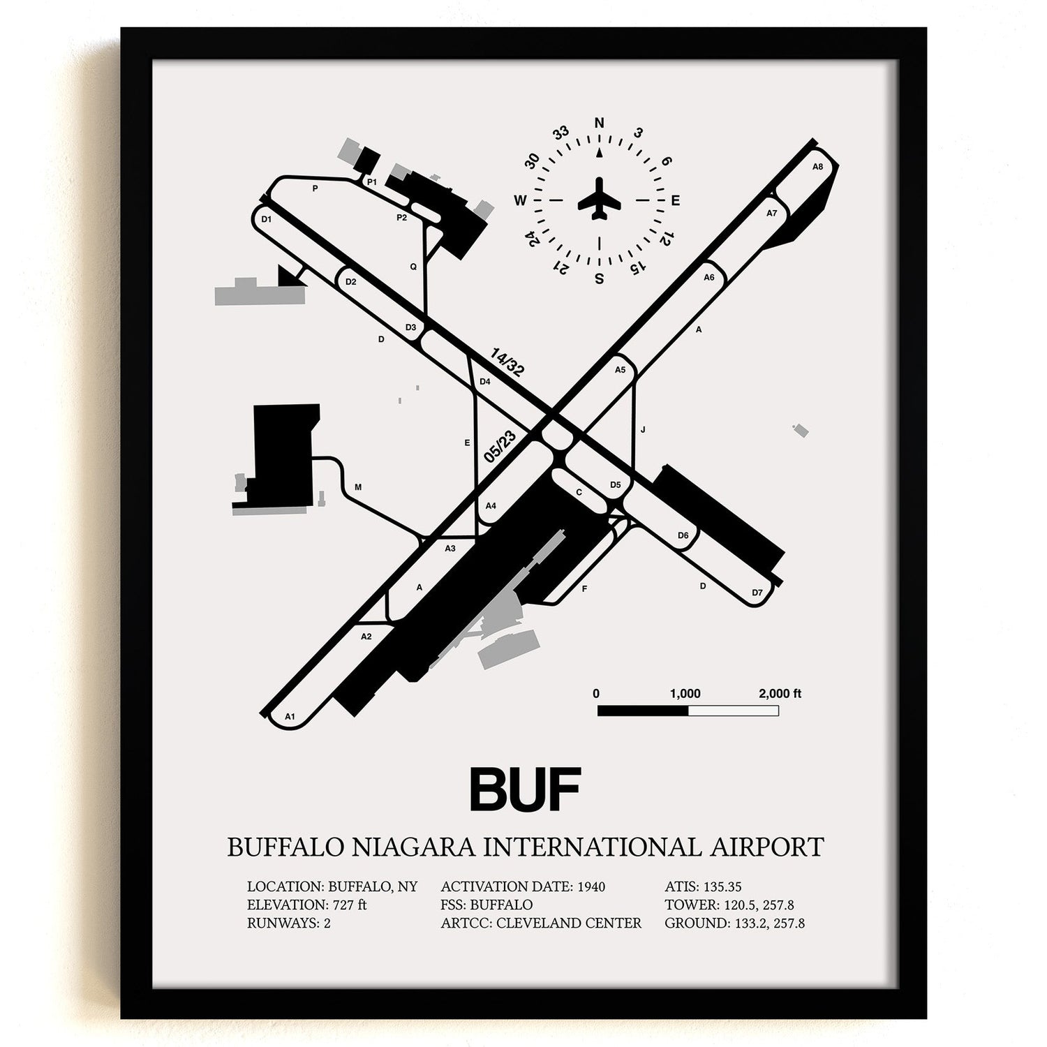 Framed Detailed Airport Map of Buffalo Niagara International Airport (BUF) in White with a Black Frame