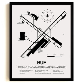 Framed Detailed Airport Map of Buffalo Niagara International Airport (BUF) in White with a Black Frame