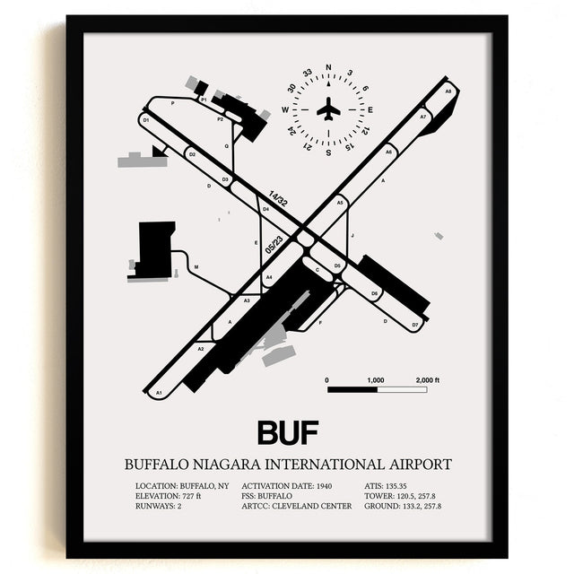 Framed Detailed Airport Map of Buffalo Niagara International Airport (BUF) in White with a Black Frame