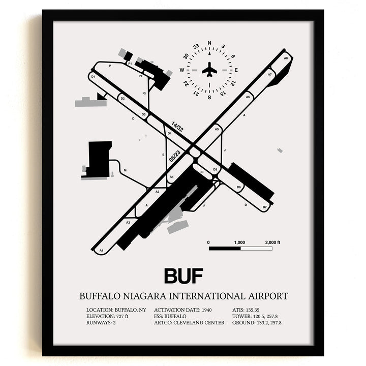 Framed Detailed Airport Map of Buffalo Niagara International Airport (BUF) in White with a Black Frame