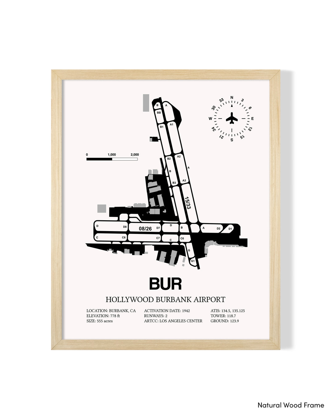 Detailed Airport Map of Hollywood Burbank Airport (BUR) in White with a Natural Frame