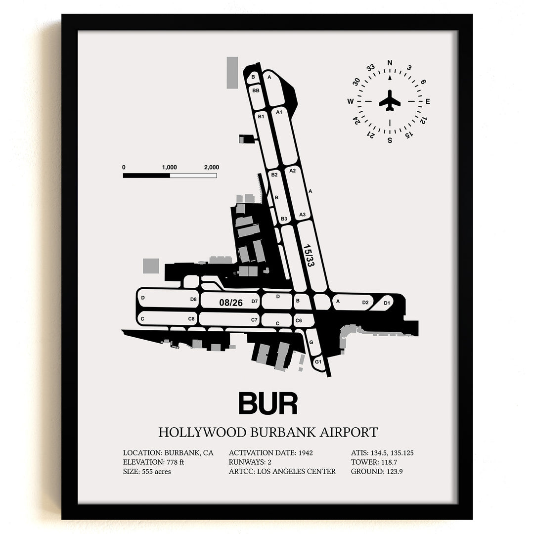 Framed Detailed Airport Map of Hollywood Burbank Airport (BUR) in White with a Black Frame