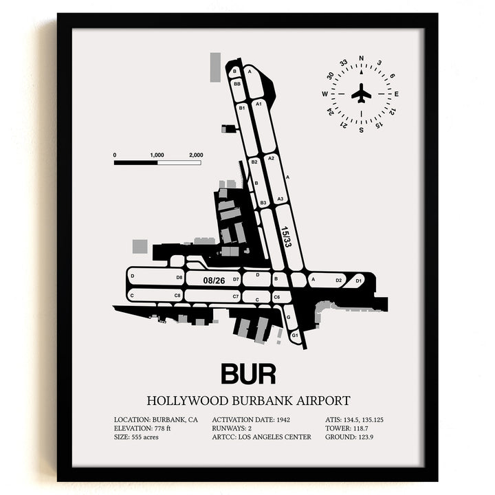 Framed Detailed Airport Map of Hollywood Burbank Airport (BUR) in White with a Black Frame