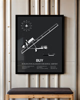 Framed Detailed Airport Map of Burlington/Alamance Regional Airport (BUY) in Gray with a Black Frame