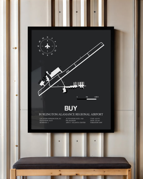 Framed Detailed Airport Map of Burlington/Alamance Regional Airport (BUY) in Gray with a Black Frame