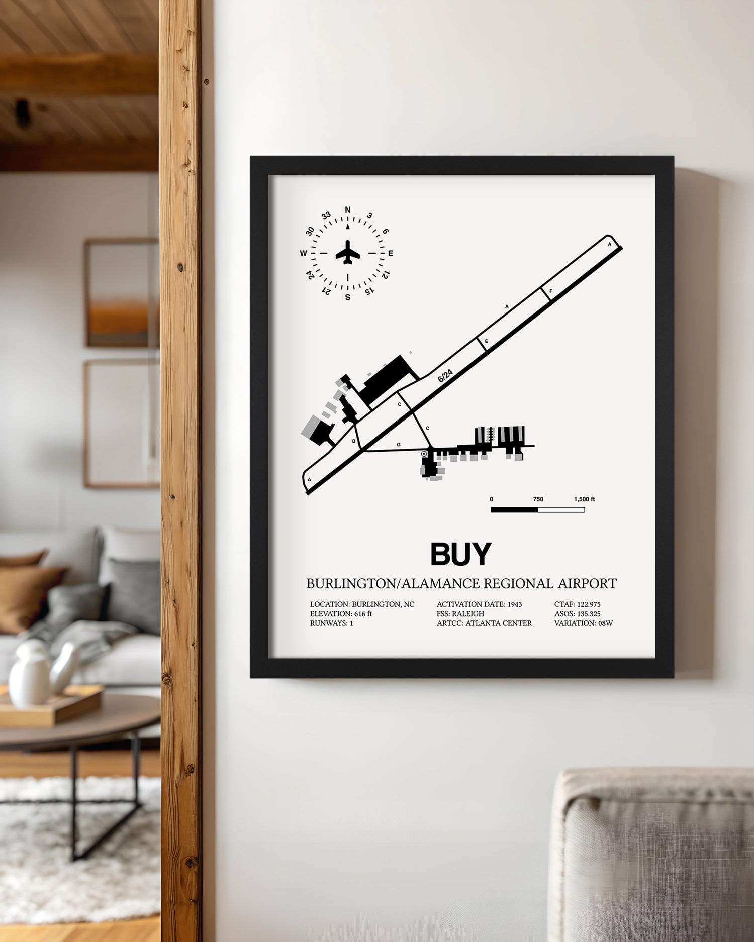 Framed Detailed Airport Map of Burlington/Alamance Regional Airport (BUY) in White with a Black Frame