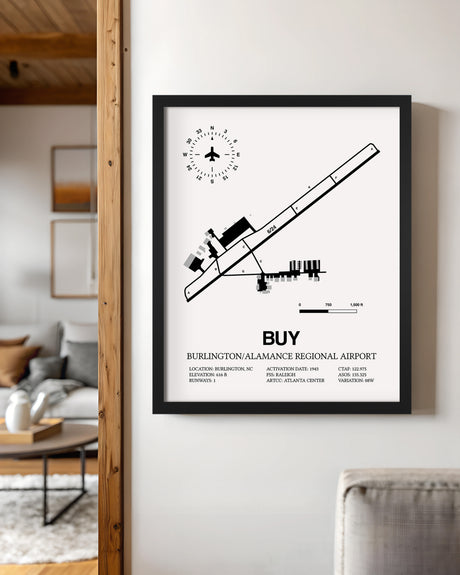 Framed Detailed Airport Map of Burlington/Alamance Regional Airport (BUY) in White with a Black Frame