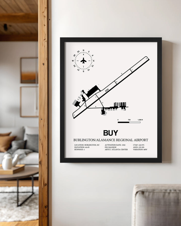 Framed Detailed Airport Map of Burlington/Alamance Regional Airport (BUY) in White with a Black Frame