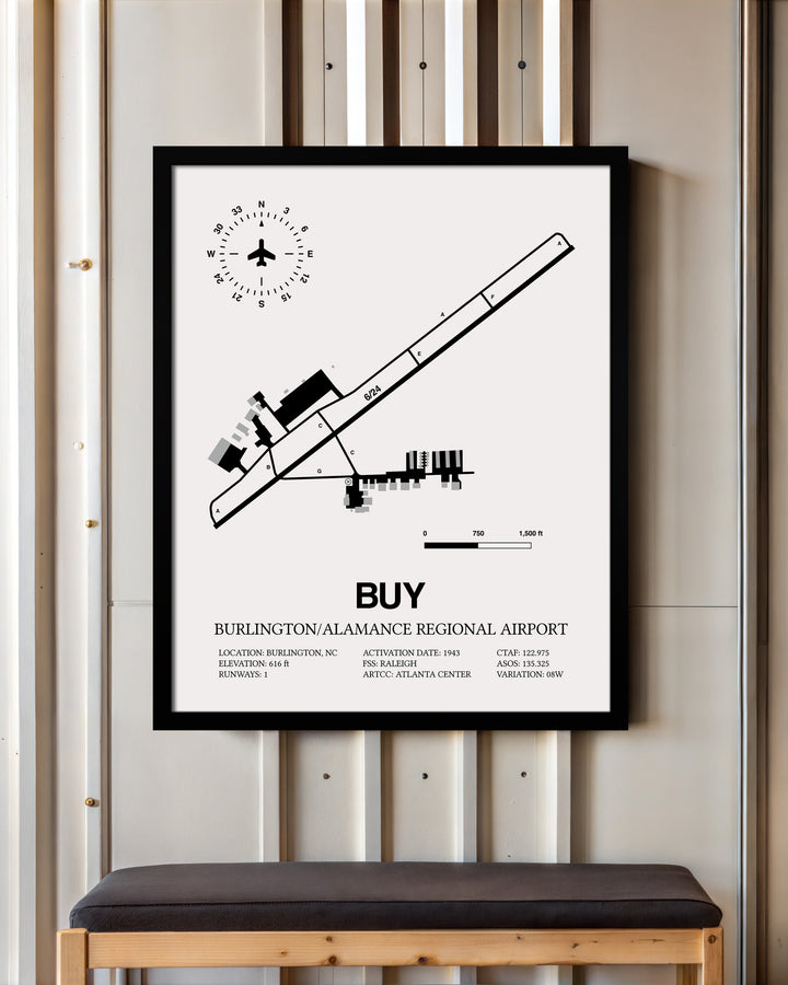 Framed Detailed Airport Map of Burlington/Alamance Regional Airport (BUY) in White with a Black Frame