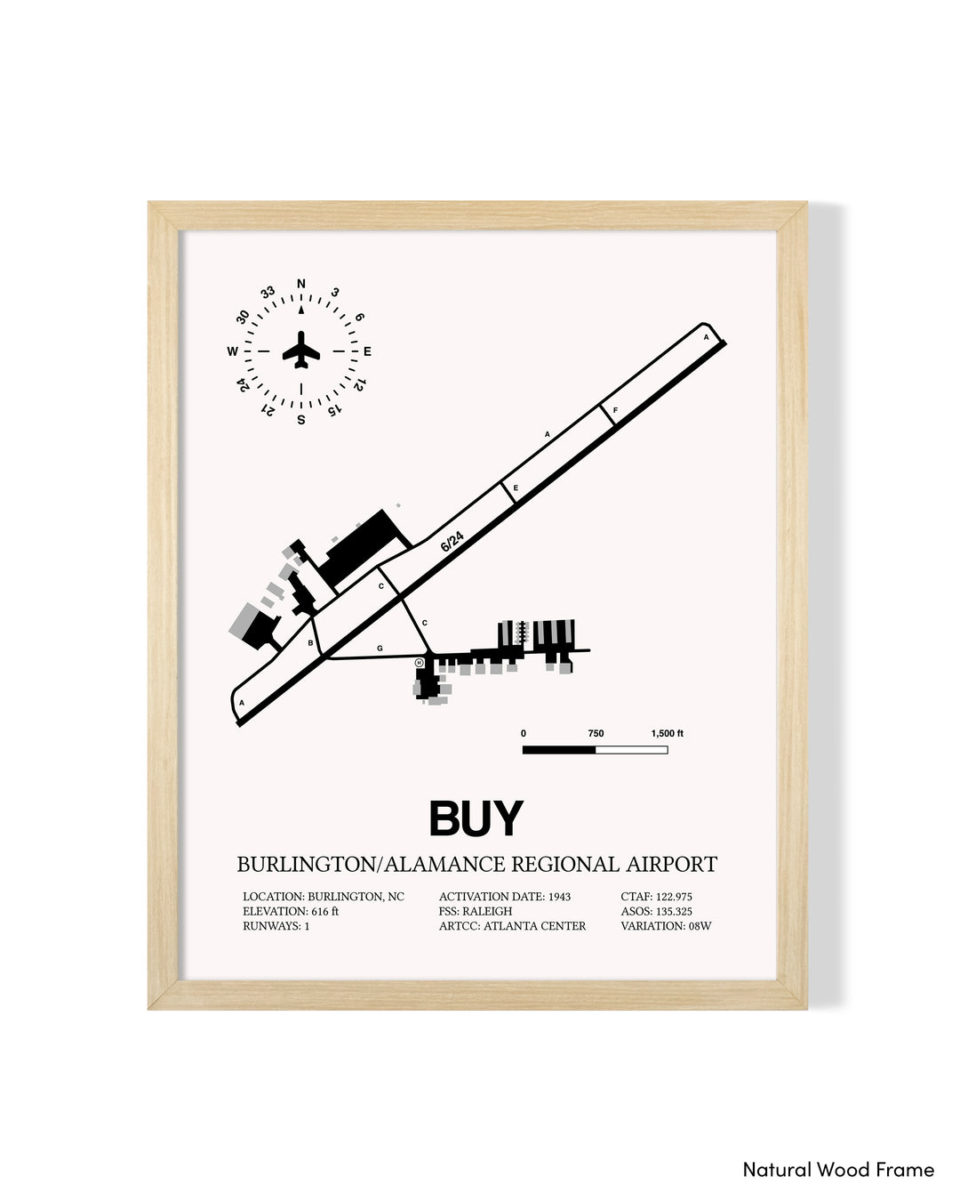 Detailed Airport Map of Burlington/Alamance Regional Airport (BUY) in White with a Natural Frame